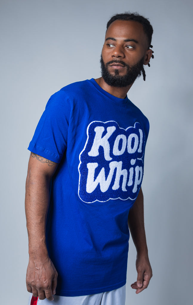 Blue Kool Whip t shirt featuring a chenille applique and ribbed trim