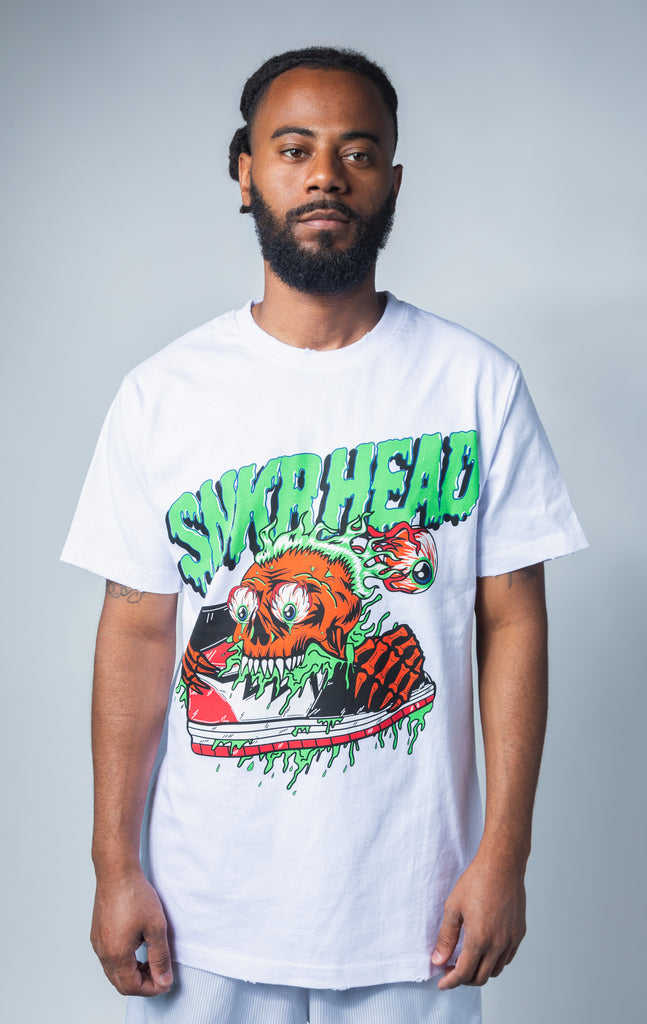 White crew neck t shirt with snkrhead graphic print