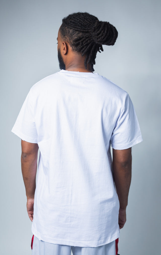 Back of white crew neck t shirt with snkrhead graphic print
