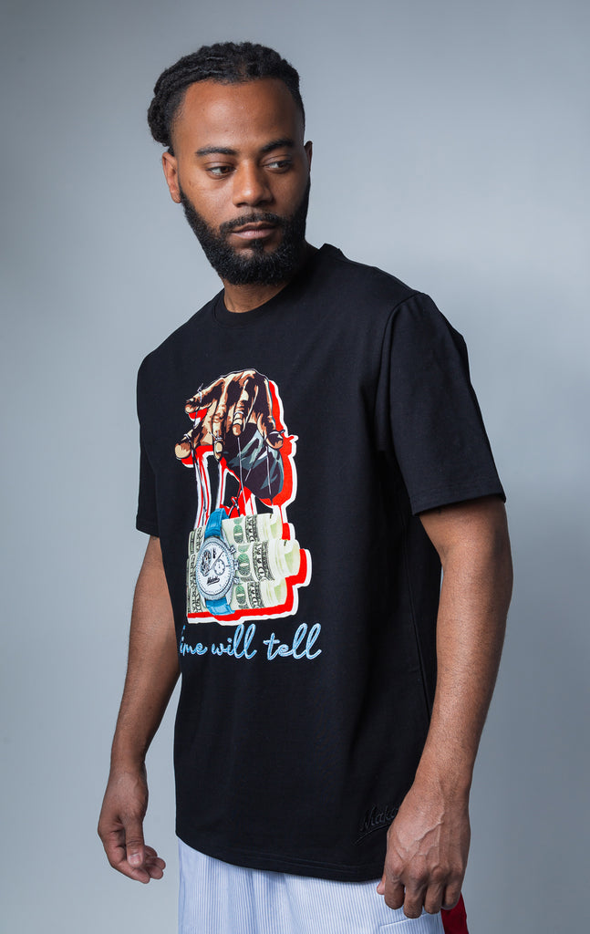 Black crew neck "Time Will Tell" graphic tee
