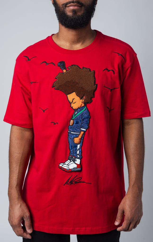 Red custom-knit T-shirt displays a graphic of Huey and Riley in their teenage years.