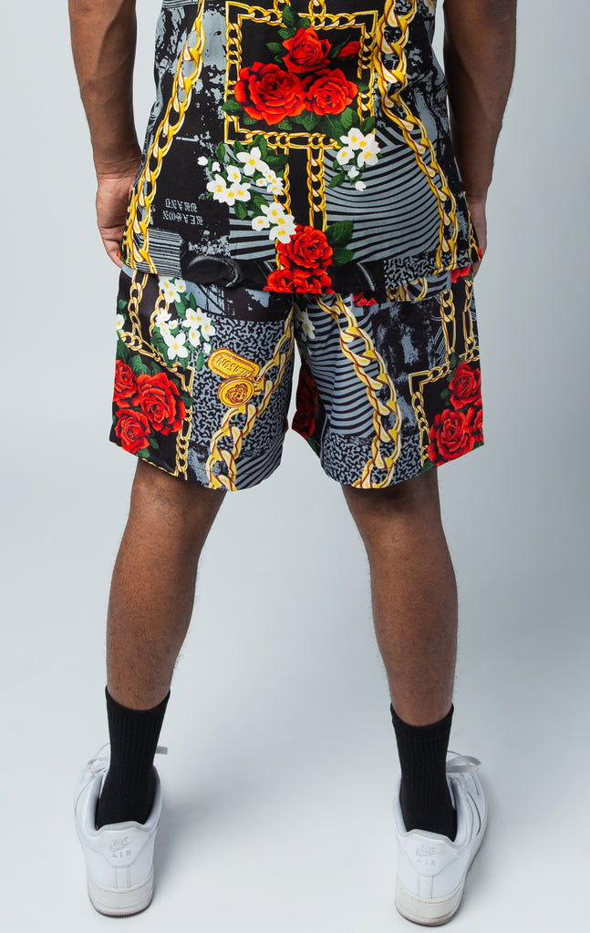 Men's shorts with graphic print detail, back side