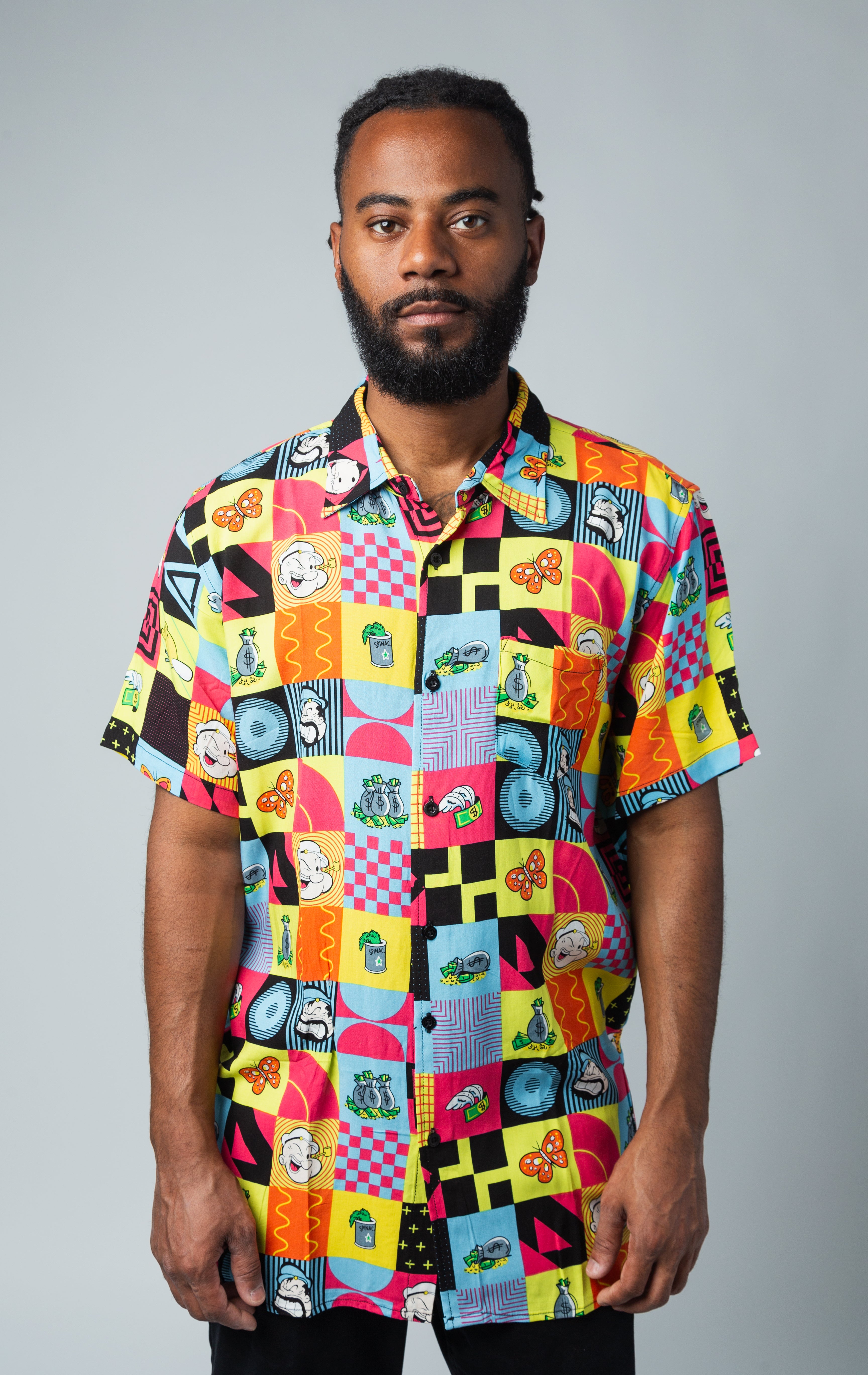 Colorful short sleeve viscose button- down shirt with Popeye all over print
