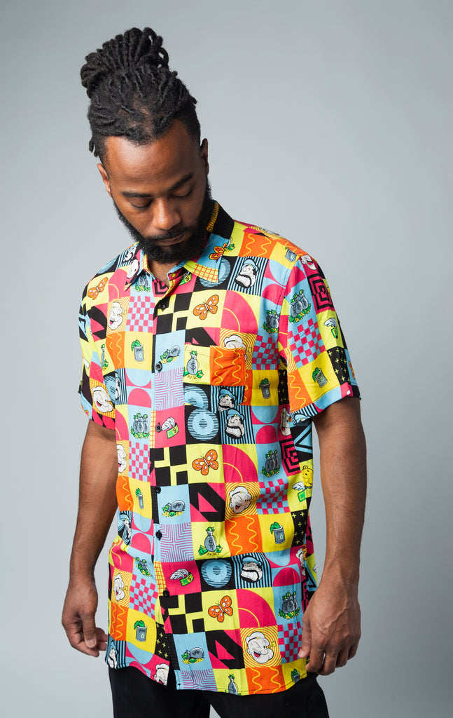 Colorful short sleeve viscose button- down shirt with Popeye all over print