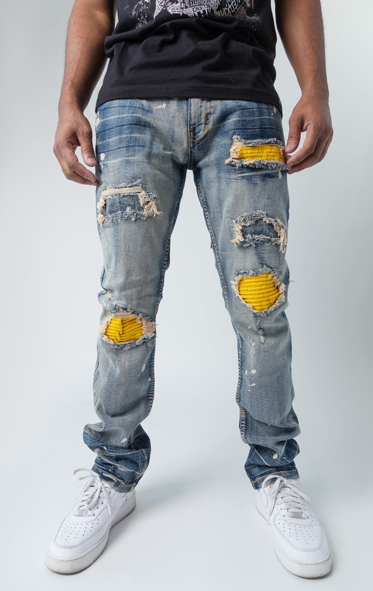 Evolution teared denim pants in lt tint and yellow
