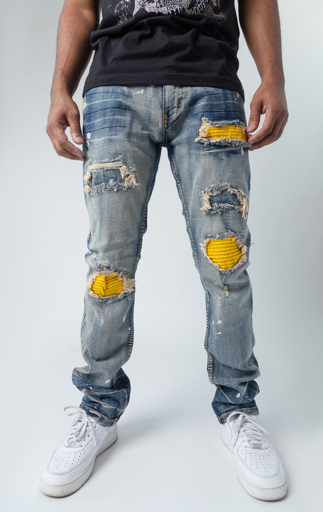 Evolution teared denim pants in lt tint and yellow
