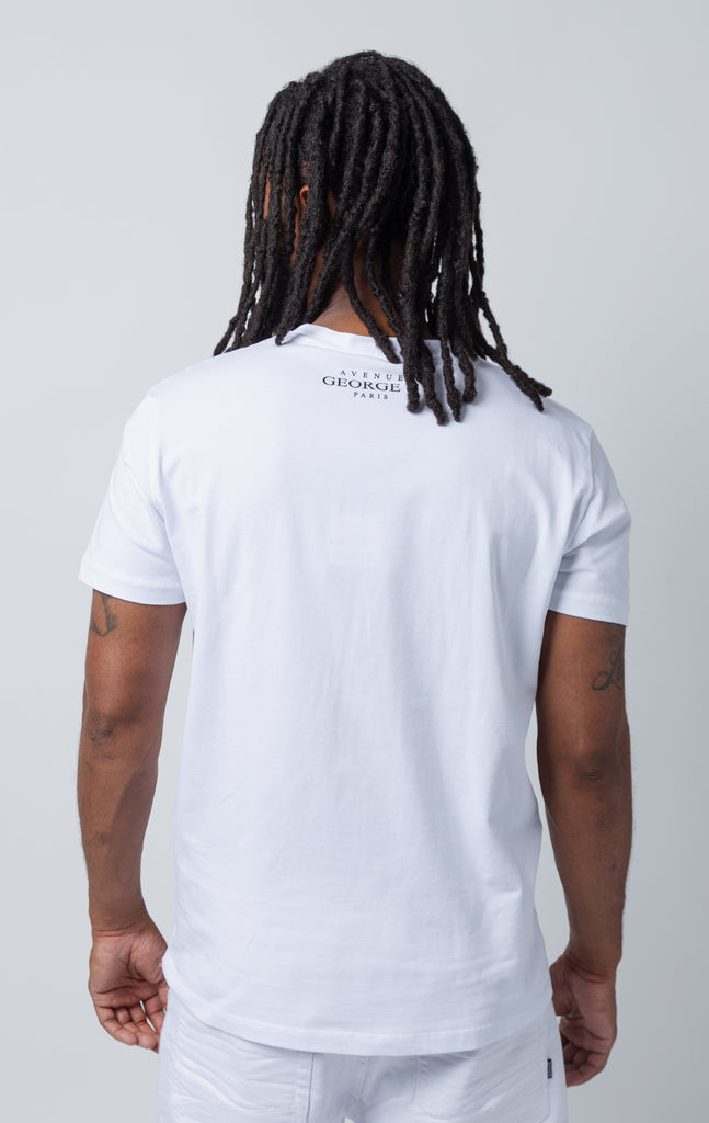 Back of white t-shirt with George V logo
