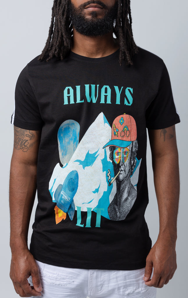 Black crew neck "Always Lit" graphic t-shirt