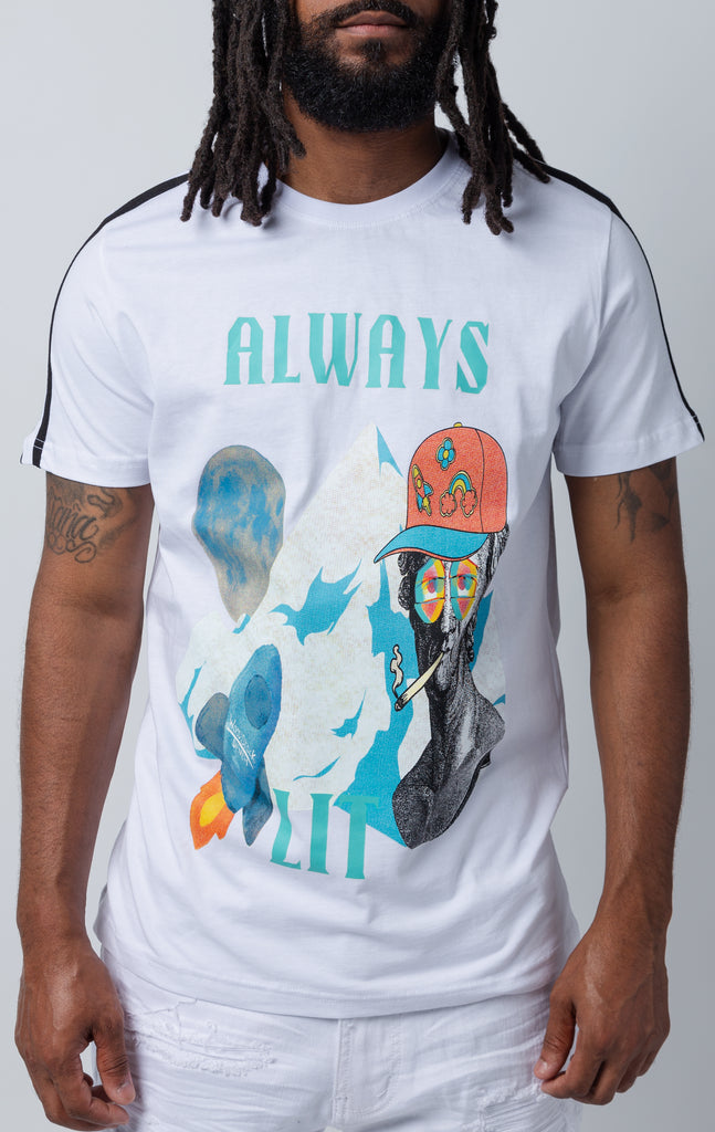 White crew neck "Always Lit" graphic t-shirt