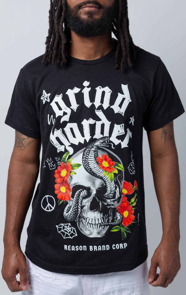 Black Grind Harder graphic t shirt. Reason Brand Corp