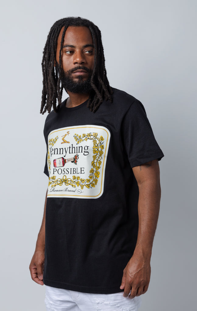 Crew neck men's short sleeve tee with Hennything is possible graphic print on front.
