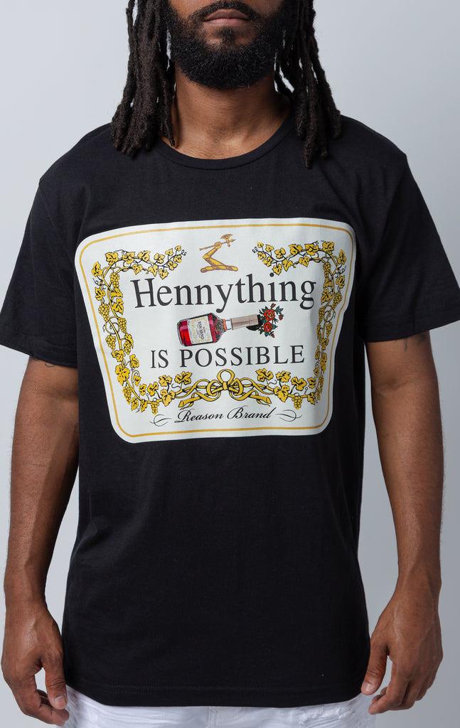 Crew neck men's short sleeve tee with Hennything is possible graphic print on front.
