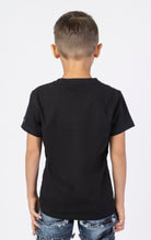 Kids Denim Lucky Charm Black t-shirt. Made from a comfortable blend of 95% cotton and 5% spandex. Features a denim fabric, crew neck, short sleeves, and a lucky charm patch.