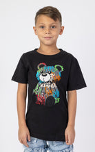 Graffiti Bear Tee. Black crewneck t-shirt with a front embroidered patch of a sitting bear in graffiti-inspired colors. Made from 100% cotton.