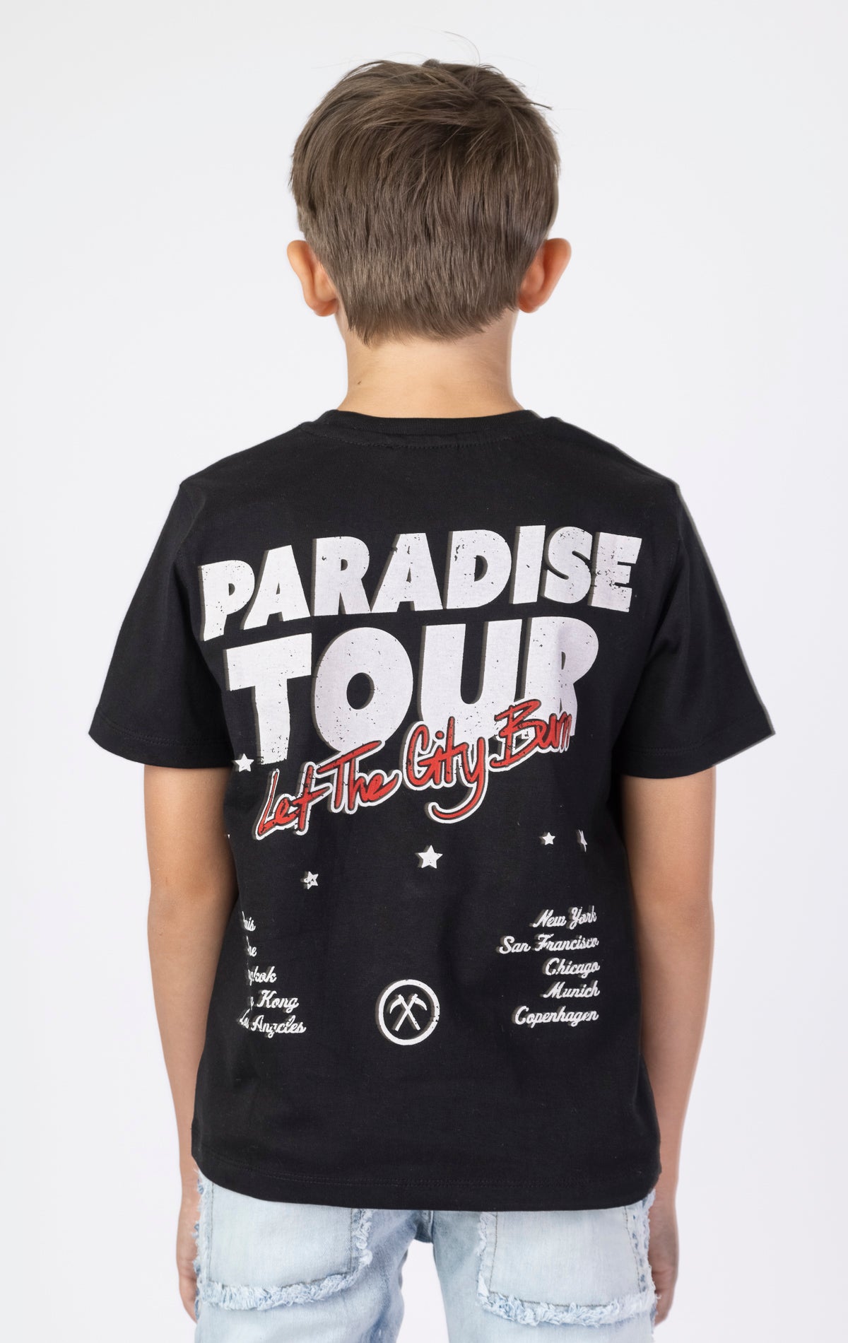 Kids Paradise Tour T-shirt. Features a classic crewneck, short sleeves, and screen-printed graphics on the front and back. Made from premium 220 GSM cotton for a soft and comfortable feel.