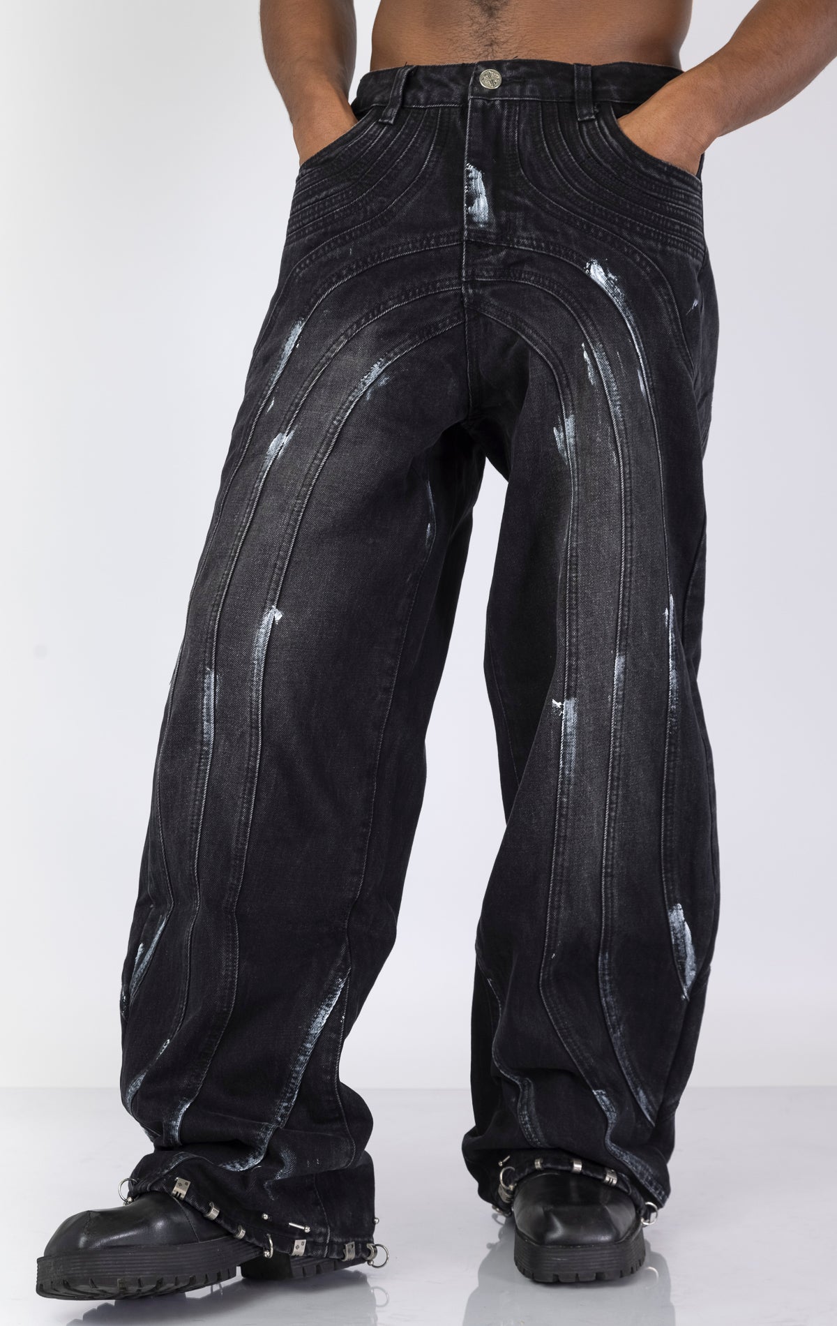 Iron Grey Baggy Pants with chain detail. Features a relaxed fit and a sleek iron grey color.