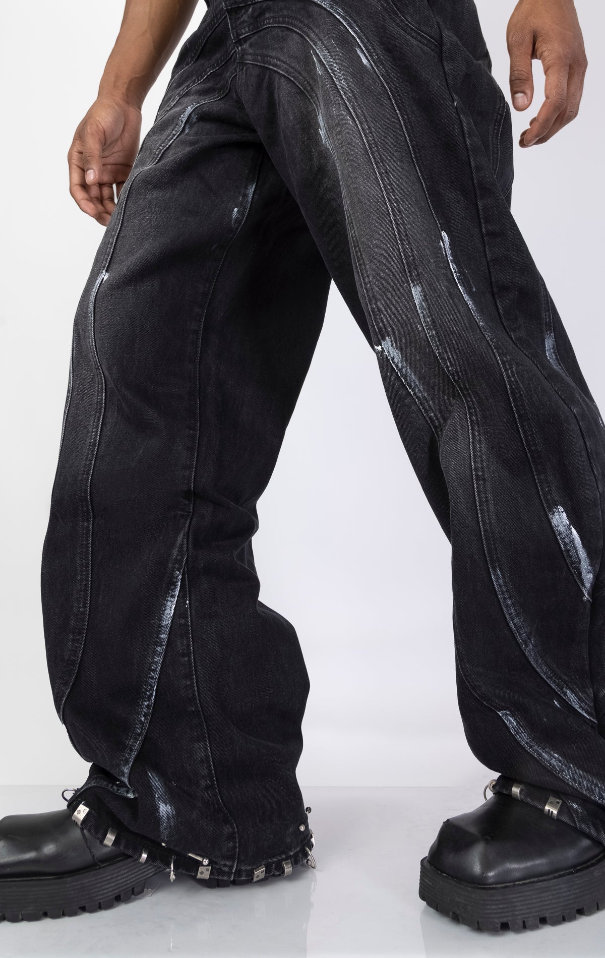 Iron Grey Baggy Pants with chain detail. Features a relaxed fit and a sleek iron grey color.