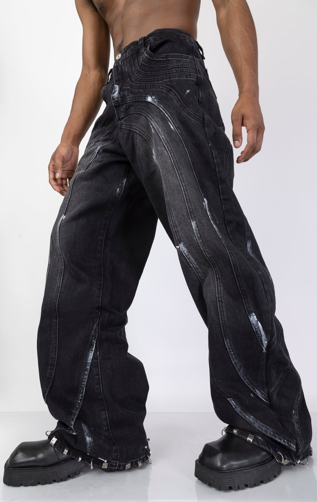 Iron Grey Baggy Pants with chain detail. Features a relaxed fit and a sleek iron grey color.