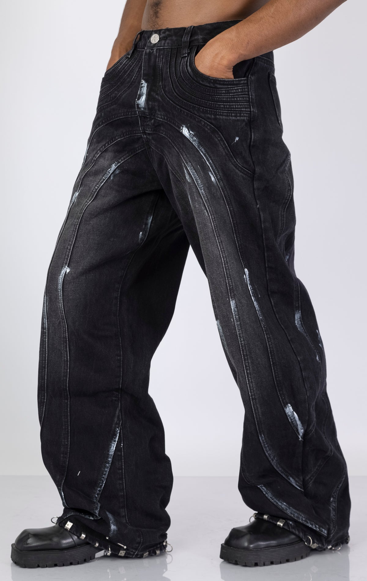 Iron Grey Baggy Pants with chain detail. Features a relaxed fit and a sleek iron grey color.