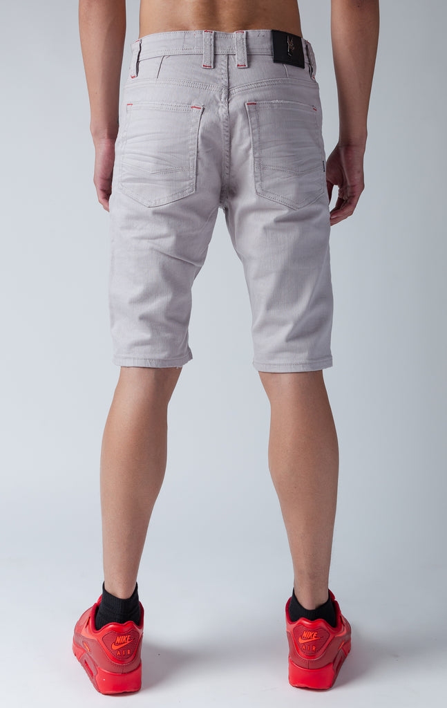 Back side of grey denim shorts