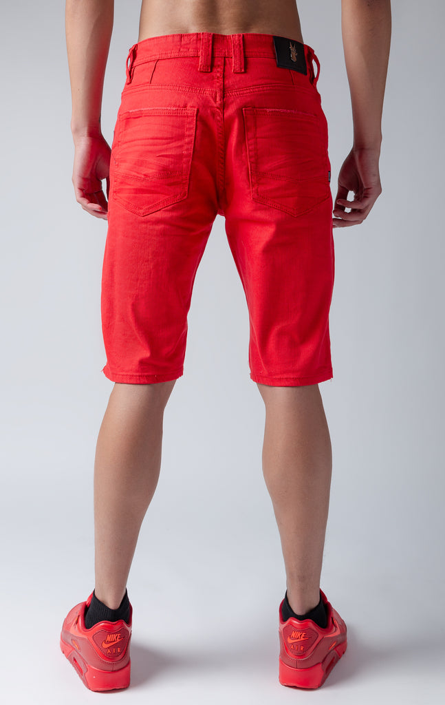 Red denim shorts, crinkle effect on pockets