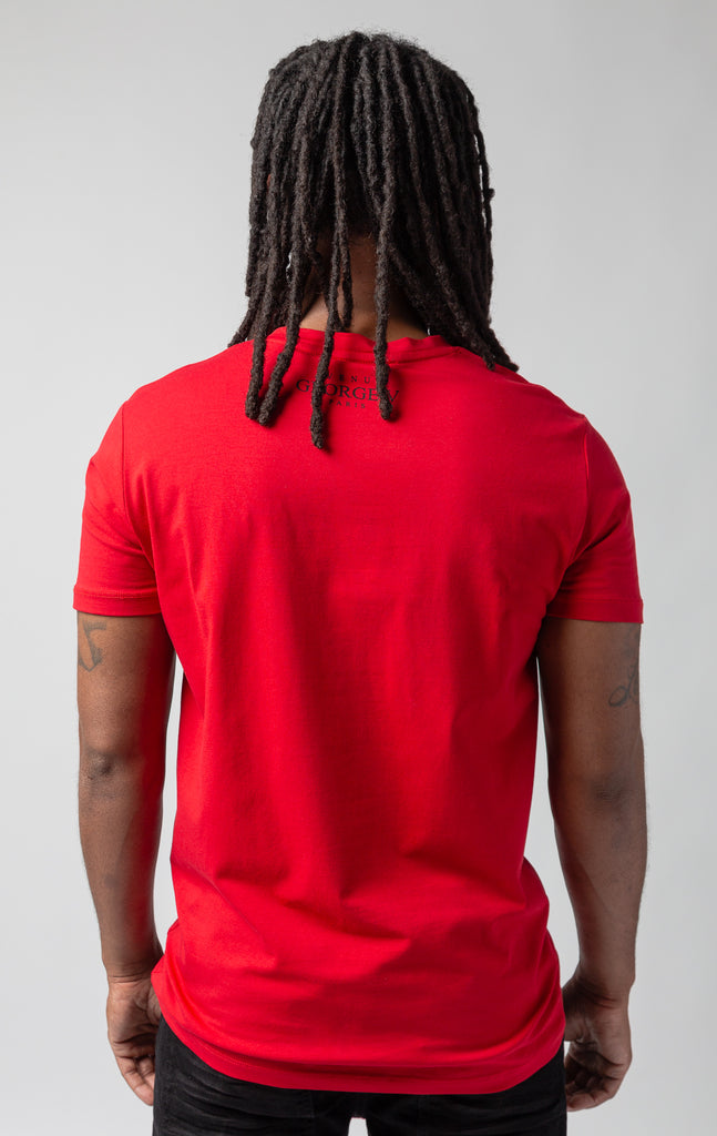 Back side of red t shirt with George V logo