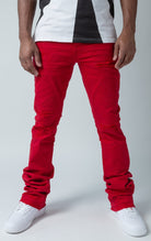 red stacked denim with ripped design