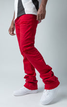 red stacked denim with ripped design