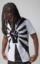 Black power fist crew neck in black and white.