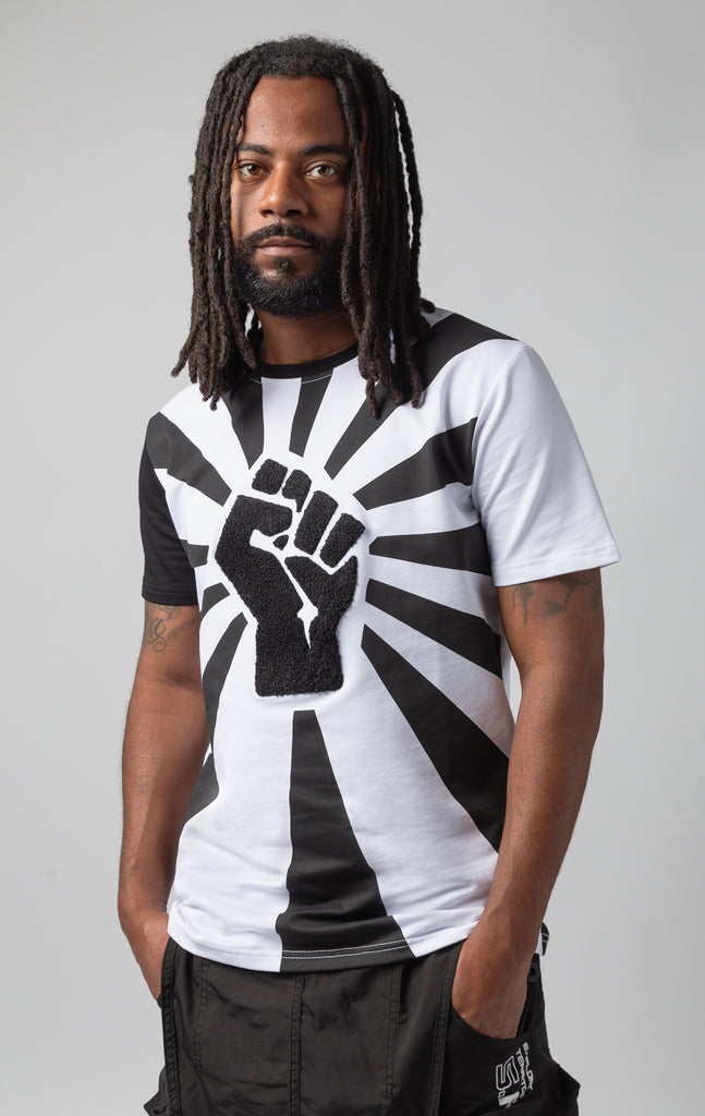 Black power fist crew neck in black and white.