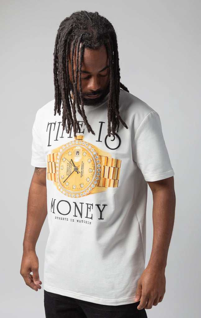 White "Time is money" graphic t-shirt