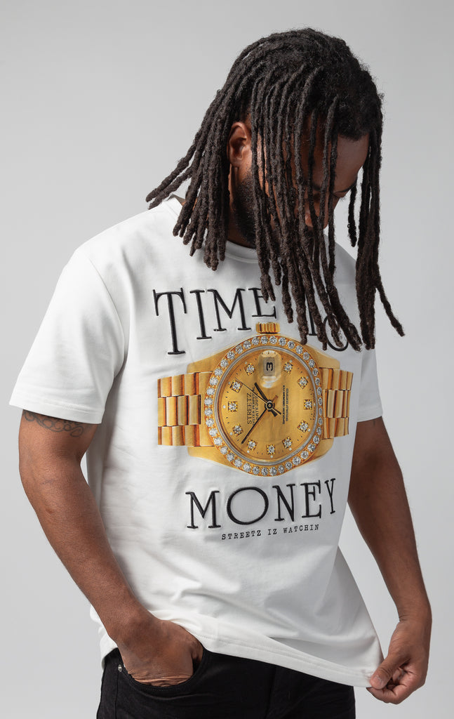 White "Time is money" graphic t-shirt
