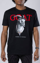 Goat Graphic Tee. Features a bold goat graphic, short sleeves, and a ribbed crewneck collar. Made from soft cotton