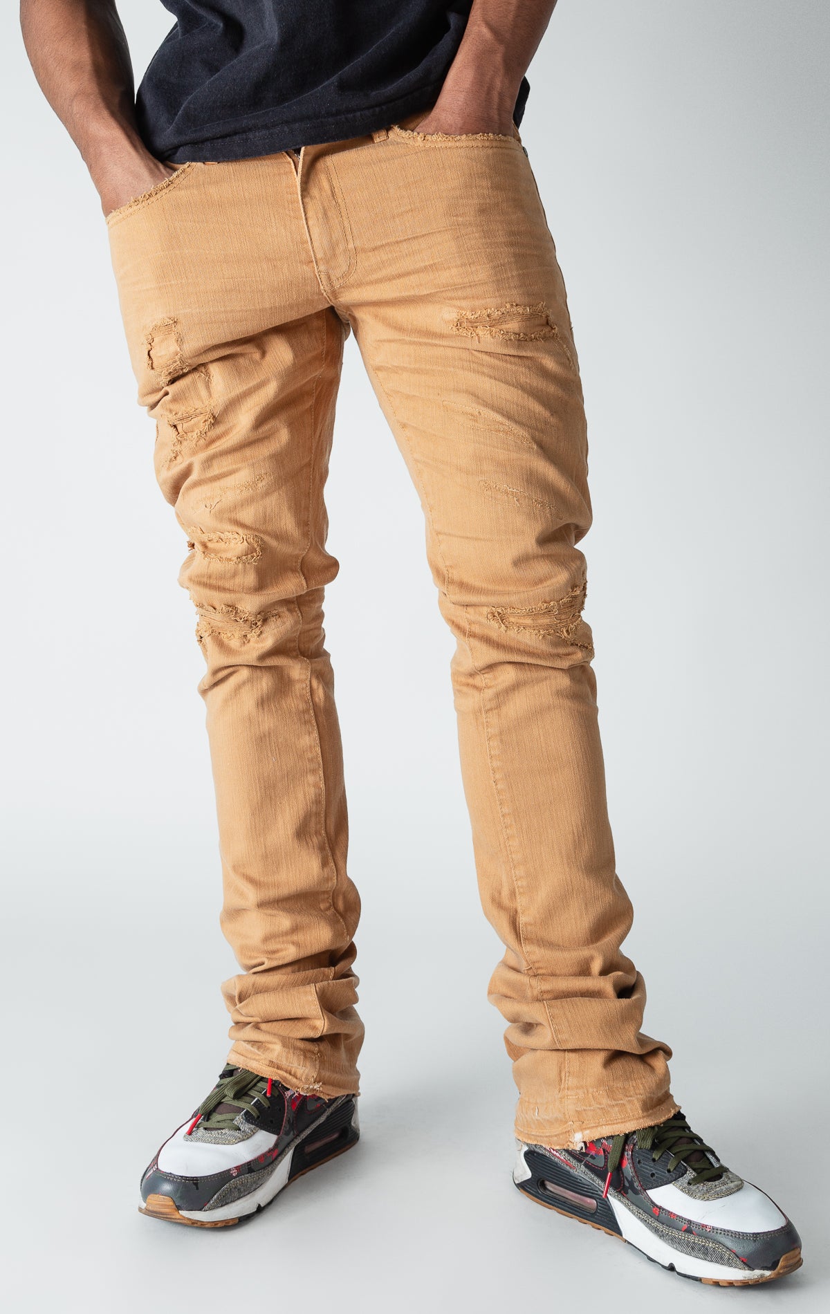 mocha stacked denim with ripped design 