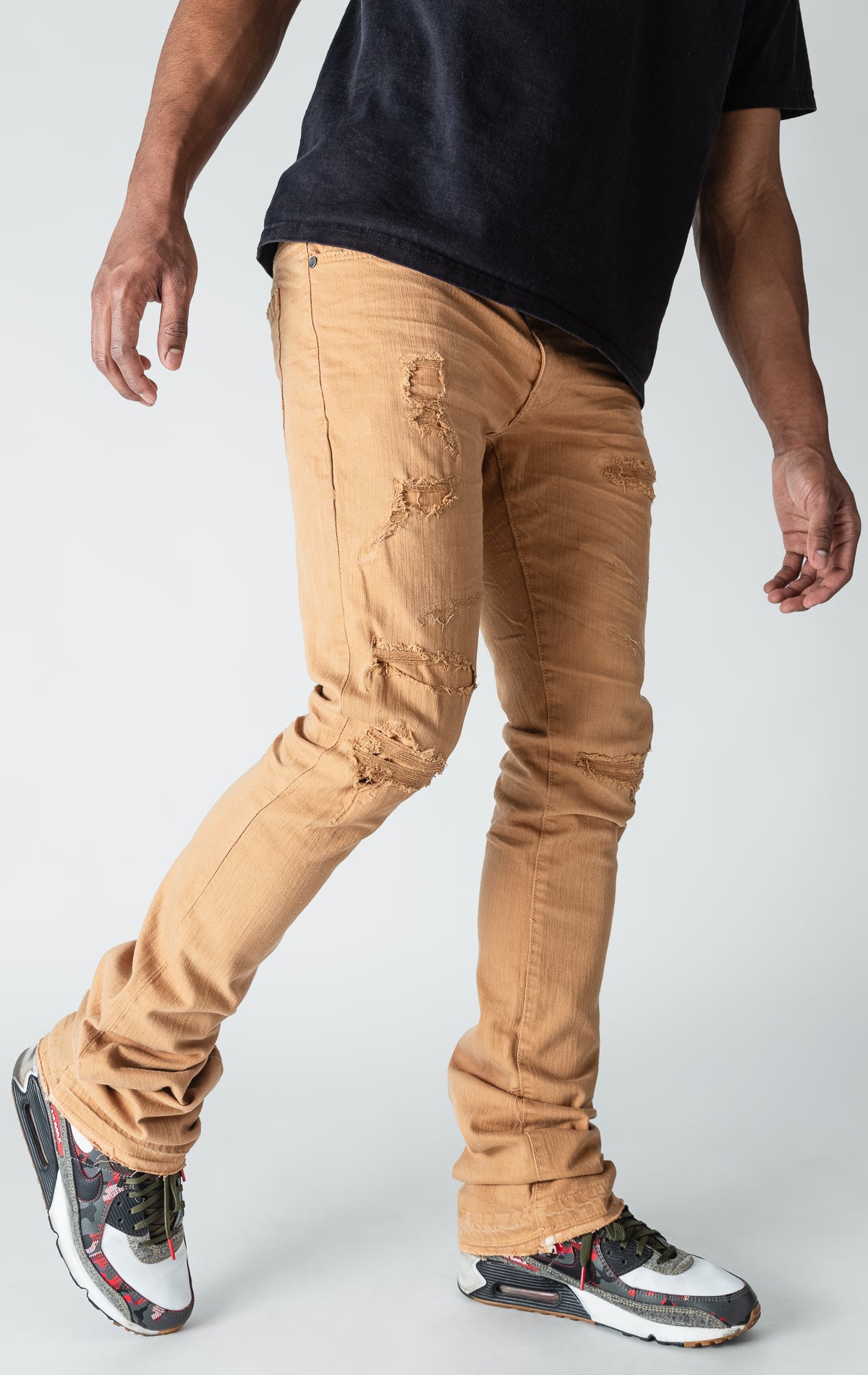 mocha stacked denim with ripped design