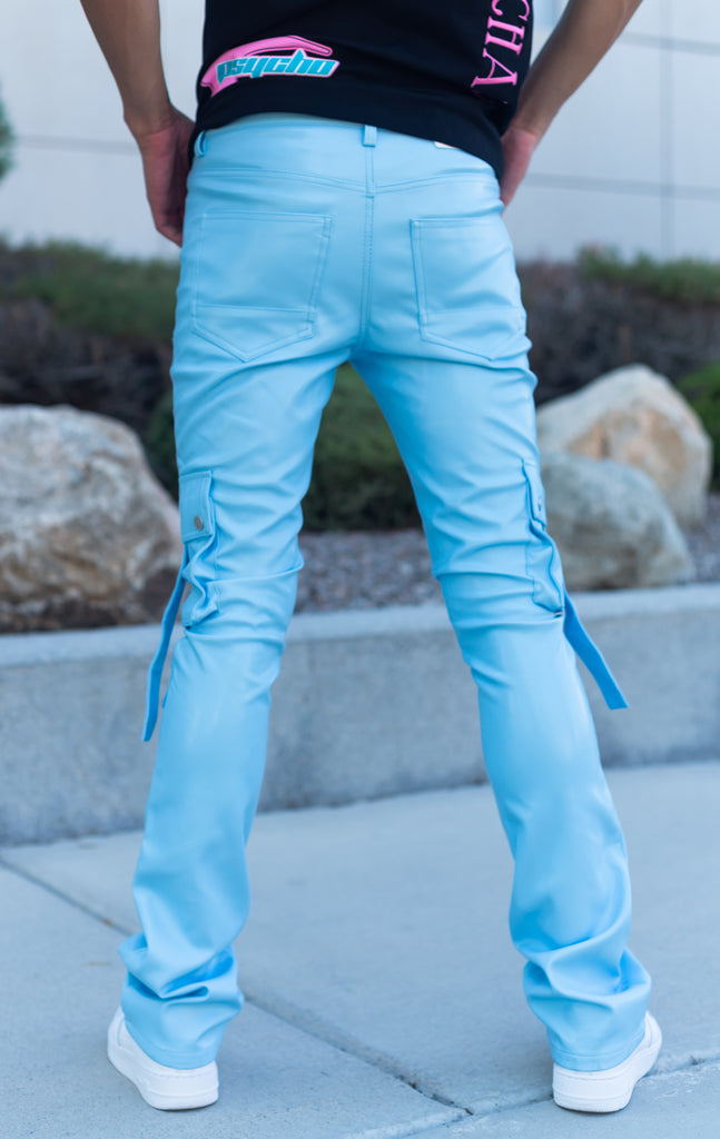 Baby blue Elevated Stacked Flare Cargo Jean for men in sleek  faux leather
