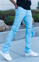 Baby blue Elevated Stacked Flare Cargo Jean for men in sleek  faux leather
