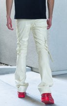 Cream Elevated Stacked Flare Cargo Jean for men in sleek faux leather
