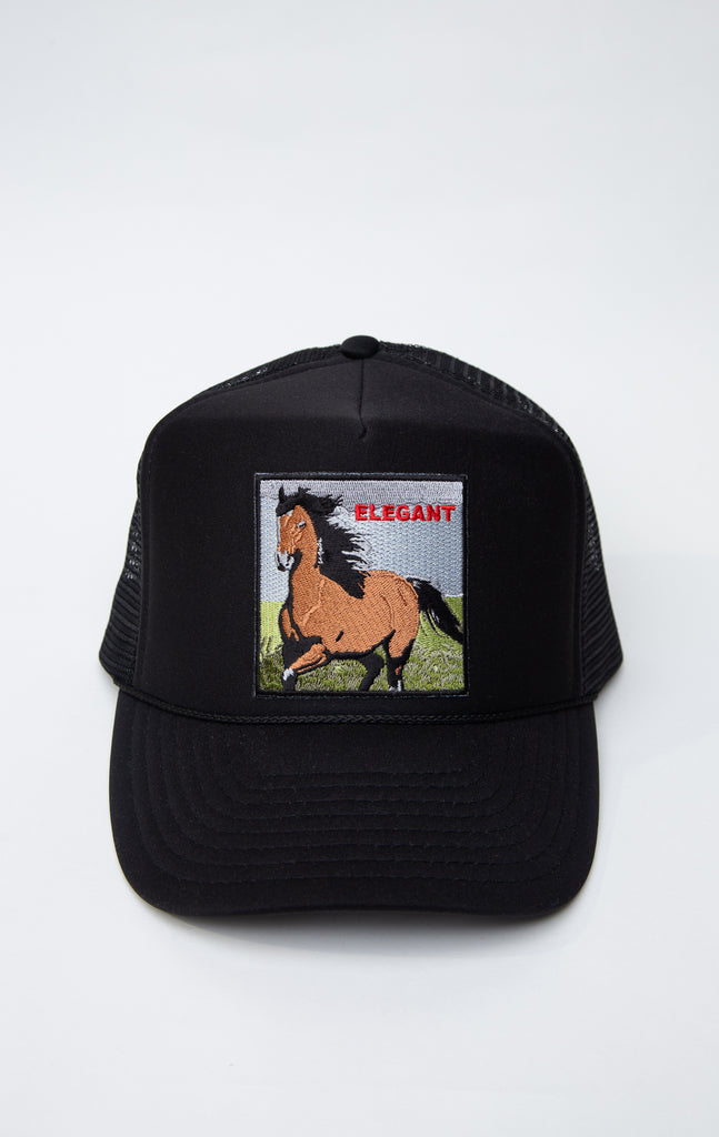 Black trucker hat with horse graphic embroidered