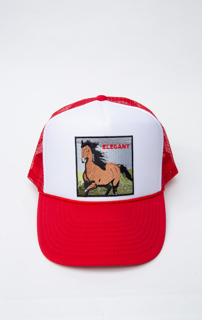 red and white trucker hat with horse graphic embroidered