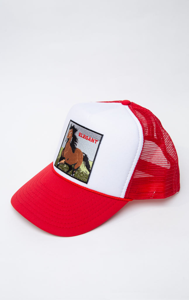 Red and white trucker hat with horse graphic embroidered