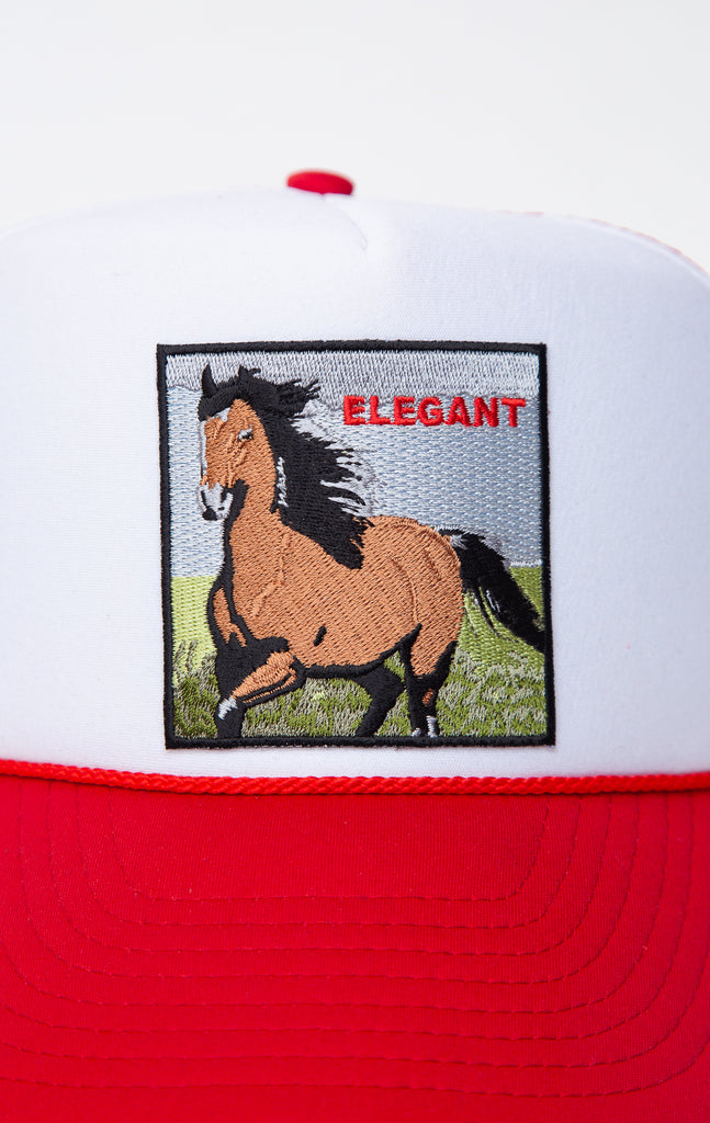 red and white trucker hat with horse graphic embroidered