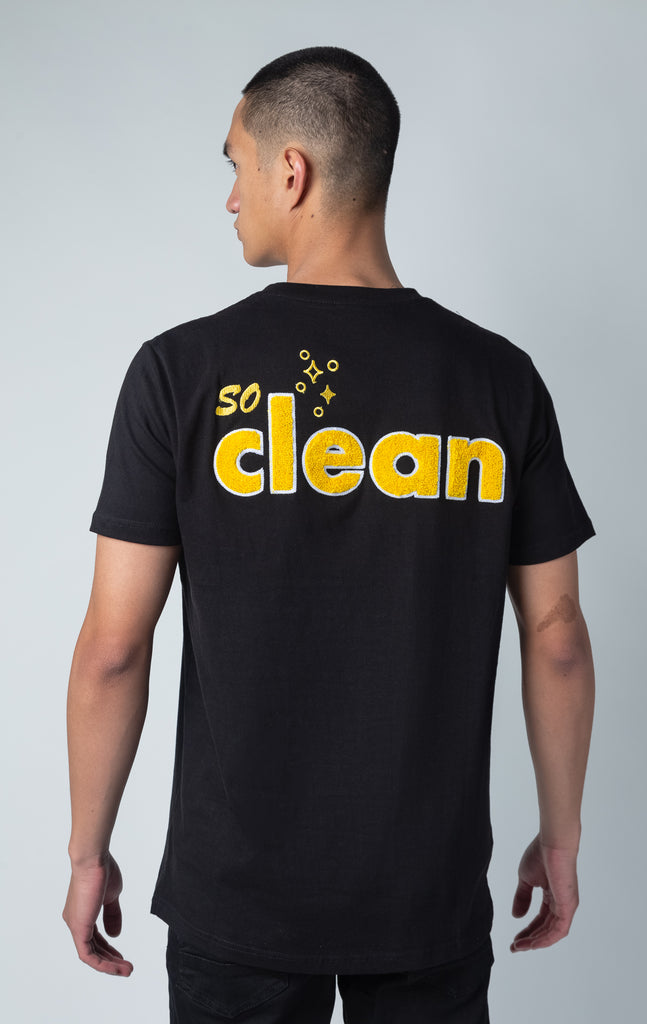 black and yellow t shirt with "So Fresh" on back and "So Clean" on front Chenille Applique