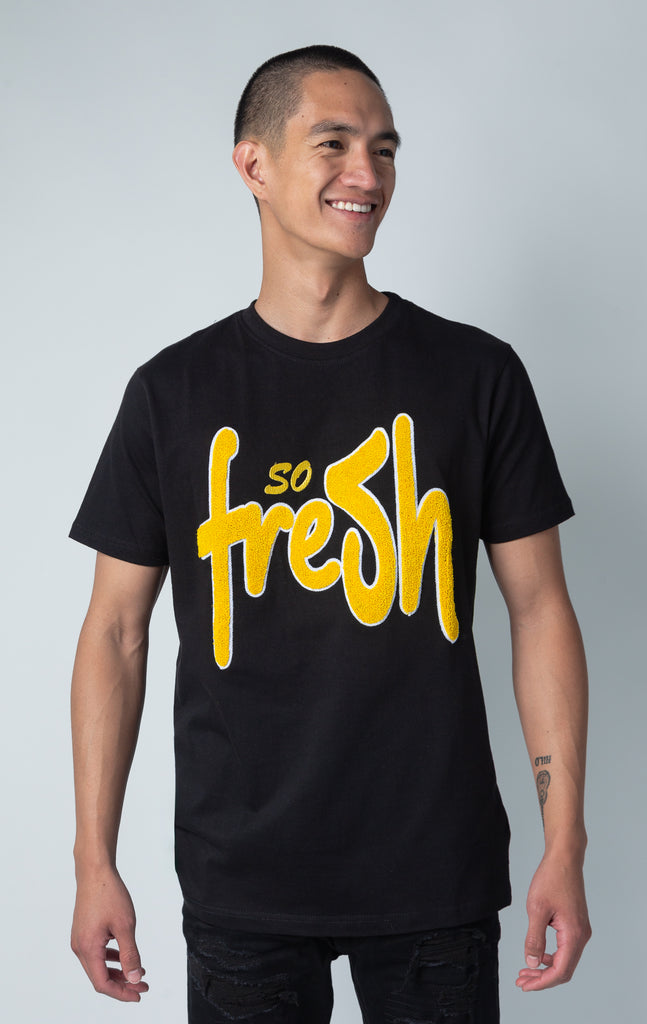 black and yellow t shirt with  "So Fresh" on back and "So Clean" on front Chenille Applique