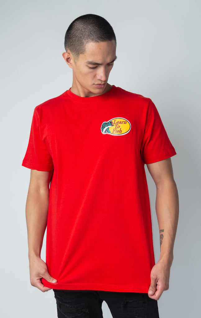 Red Short sleeve t-shirt with small learn to print logo on front, big logo on back.