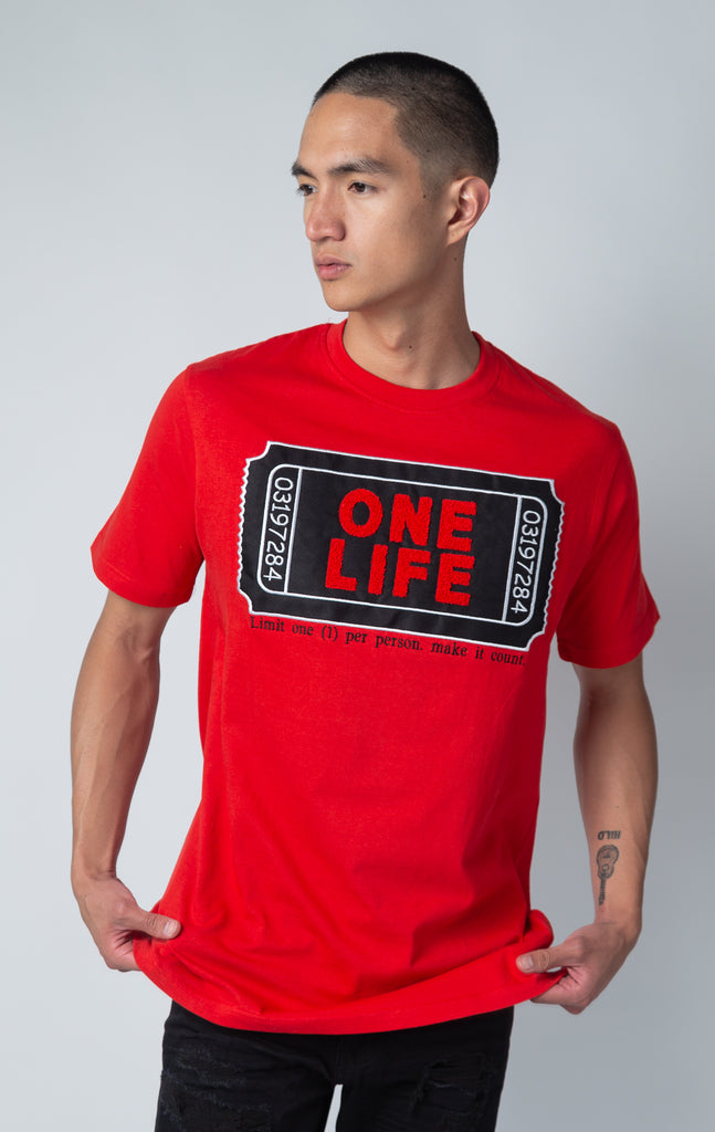 One life ticket graphic applique t-shirt in red