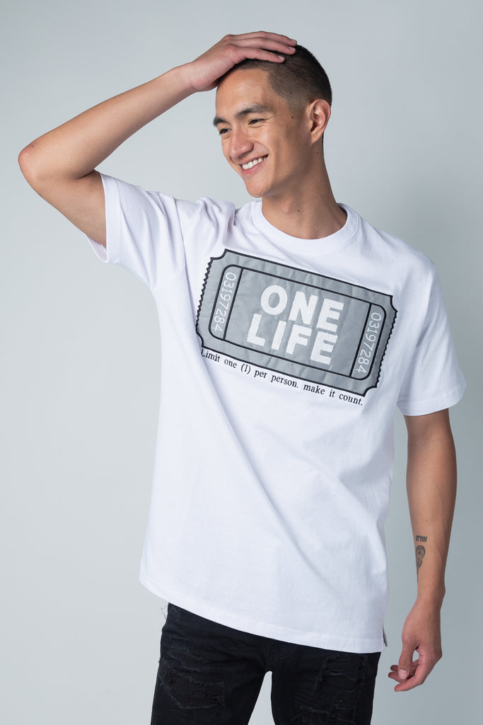 One life ticket graphic applique t-shirt in white