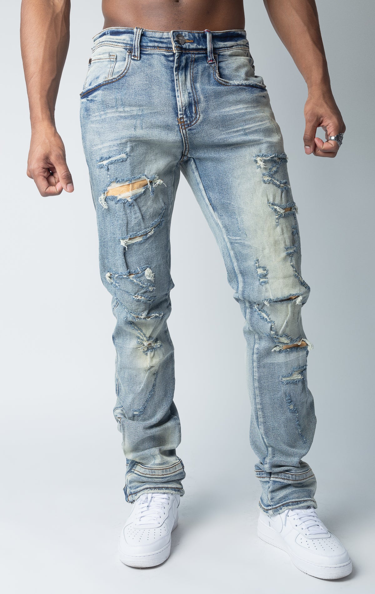 Indigo Corduroy Detailed Semi-Stacked Denim Jean