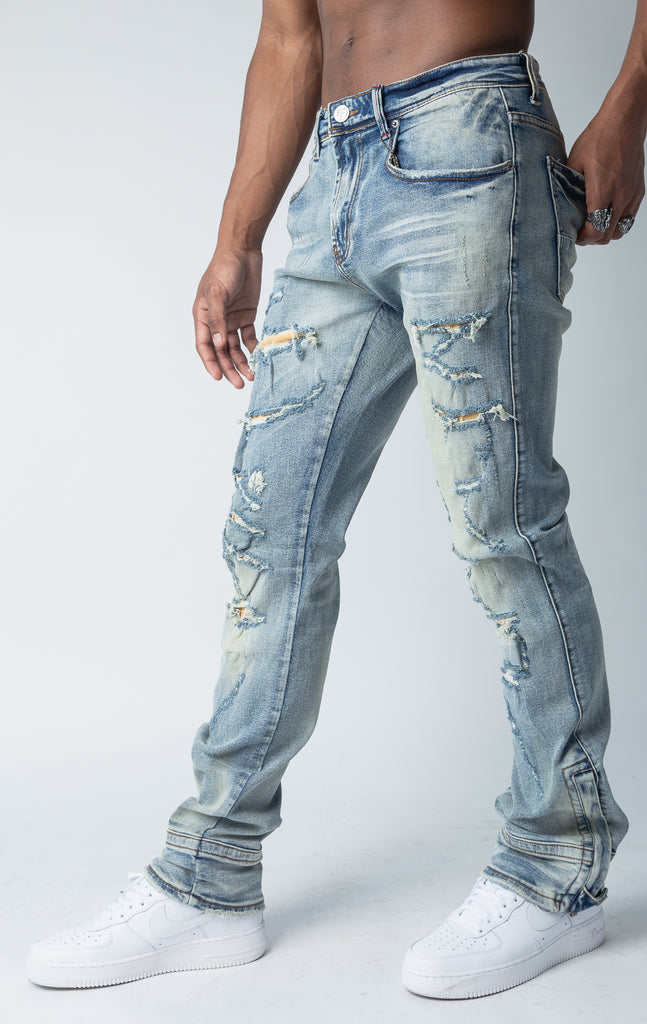 Indigo Corduroy Detailed Semi-Stacked Denim Jean