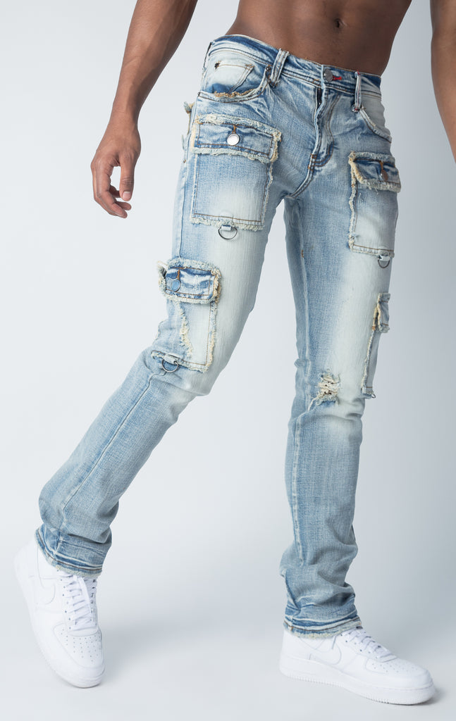 Slim Fit Indigo Denim Cargo Jeans